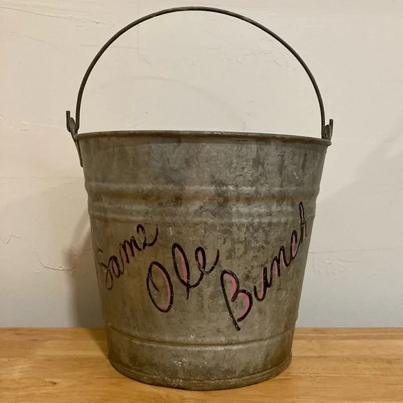 Old Galvanized Bucket with Distressed Finish Writing & Sticker 9” Tall - Picture 3 of 16